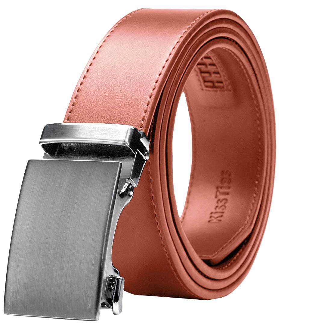 Orange Brown Leather Mens Belts Automatic Buckles Ratchet Cowskin